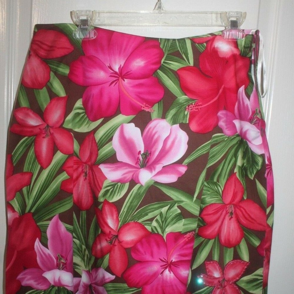 Bamboo Traders Tropical Red Pink Green Floral Print Skirt A line Size 10…New